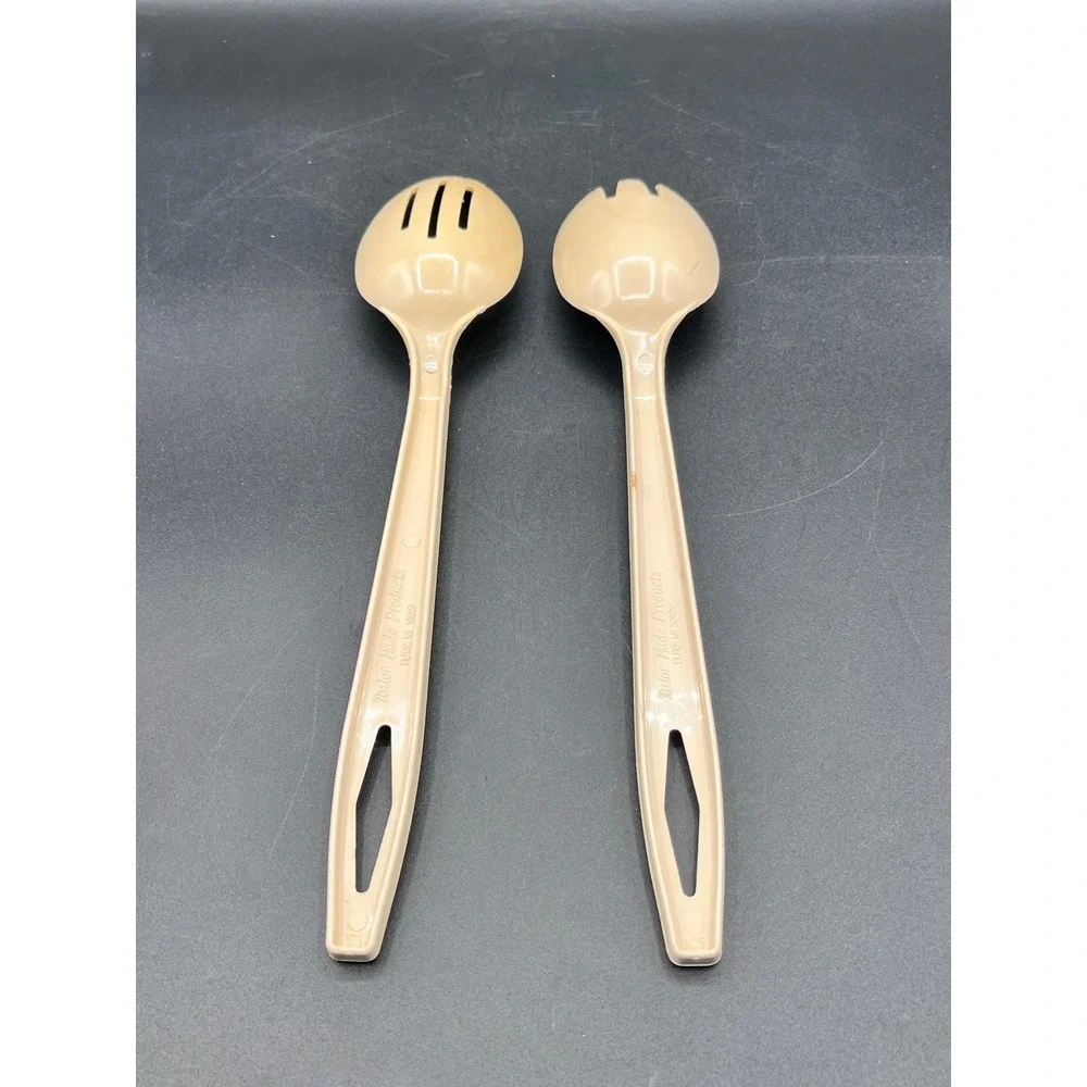 Vtg Tailor Made Salad Server Set Slotted Spoon Fork Almond Beige Plastic Kitchen